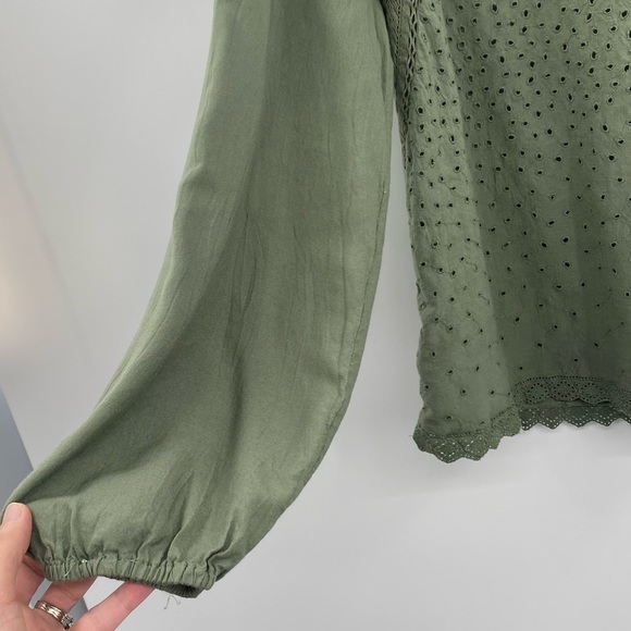 LUCKY BRAND I Top Blouse Eyelet Olive Green Medium - Picture 5 of 16